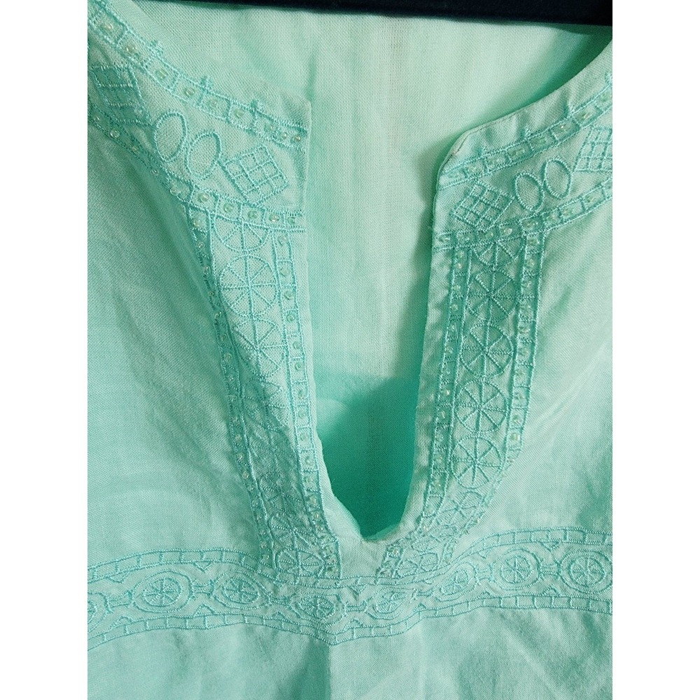 Lino USA 2X Light Blue 100% Linen Tunic Top Bejeweled Sequin Beaded Embroidered‎ - Picture 3 of 7